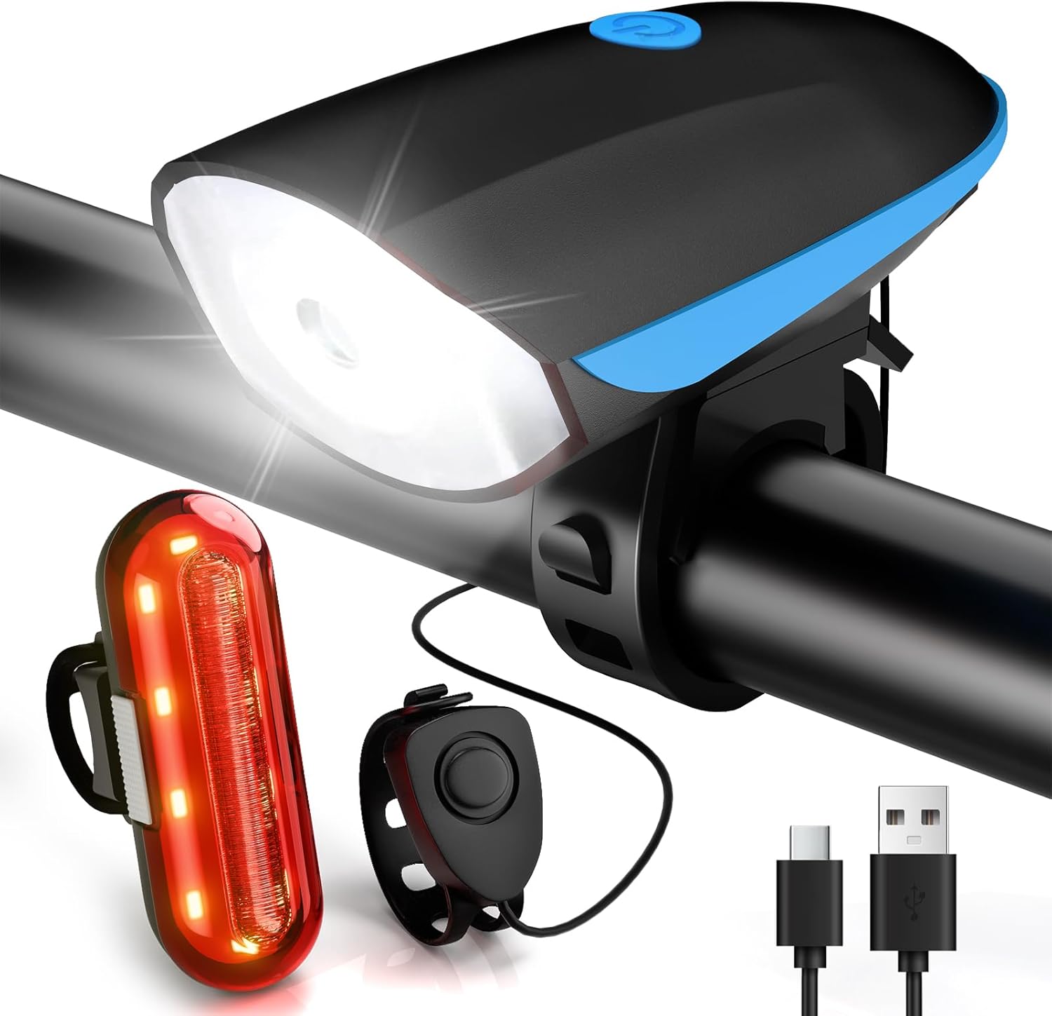 eclairage-pour-velo-672oov.jpg Lumiere Velo Avant et Arriere USB Rechargeable Lampe Velo LED Puissantes Eclairage Velo avec Buzzer Lumière Vélo Étanche IP65 Accessoires Velo pour – Image 1