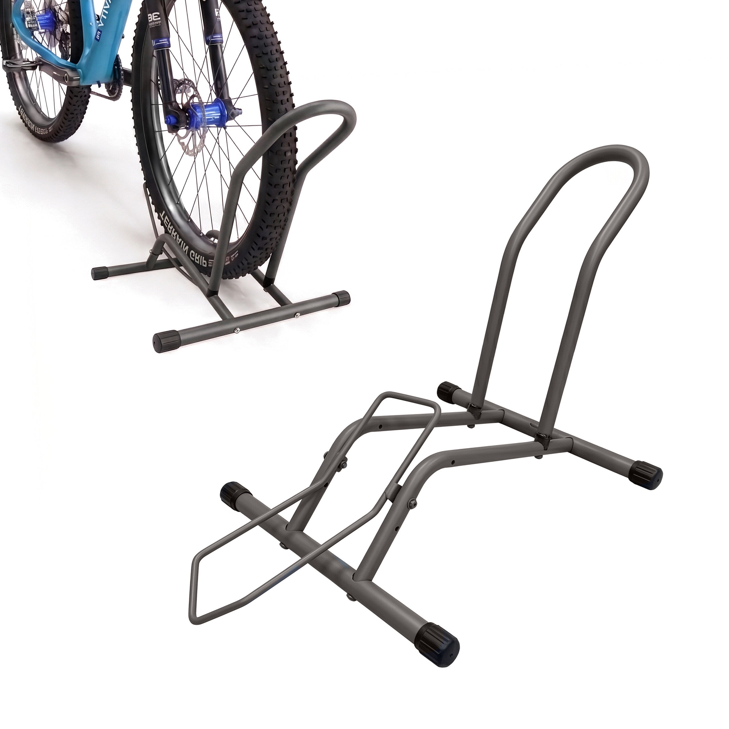 support-velo-au-sol-576xcy-1.jpg Support de vélo au sol en acier, 38 x 41 x 59 cm, roues de 16–29 pouces, pneus jusqu'à 10,5 cm, pour roue avant/arrière, anthracite, Relaxdays – Image 1